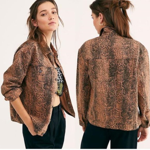 Free People Jackets & Blazers - Free People | Snake Print Brown Trucker Denim Jacket Size Large EUC